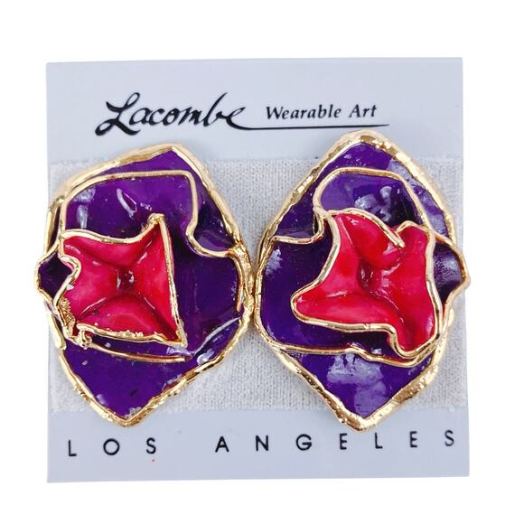 Vintage Amy Lacombe Clip-On Earrings 80s Purple Red Clay 24K Trim Statement - Picture 1 of 7